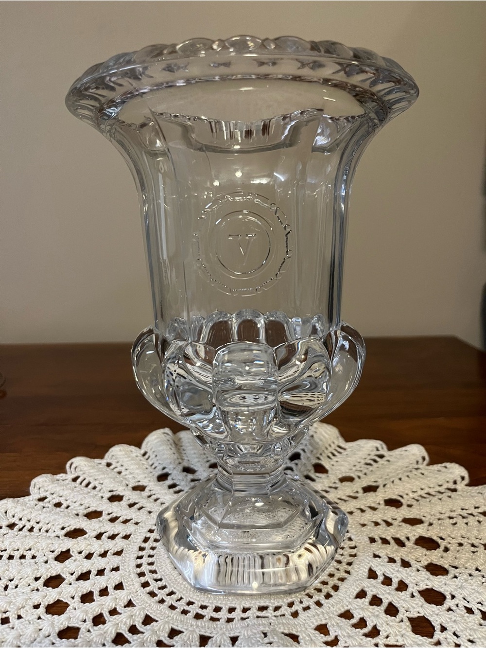 Vintage Val Saint Lambert Belgian Crystal Vase 9” Pedestal Clear Art Glass